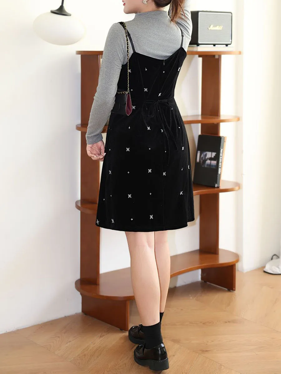Plus Size Women's A-Line Dress Premium Velour Embroidery Spaghetti Strap Slim Autumn Winter 2025