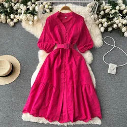 2024 New Cotton Hollow Out Summer Dress Women Holiday Perppy Casual High Waist Ruffled Mini V-Neck Dresses A-line Frills Vestido