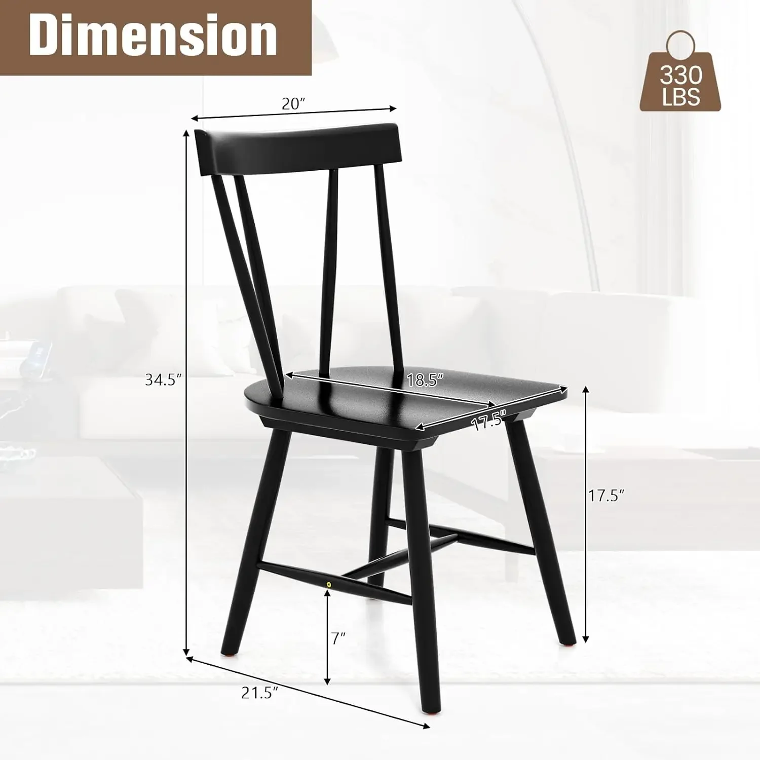 Set of 4 Windsor Chairs, Rubber Wood Dining Chairs with Spindle Back, Wide Seats, Anti-Slip Foot Pads, Max Load 330 Lbs, Armless 3