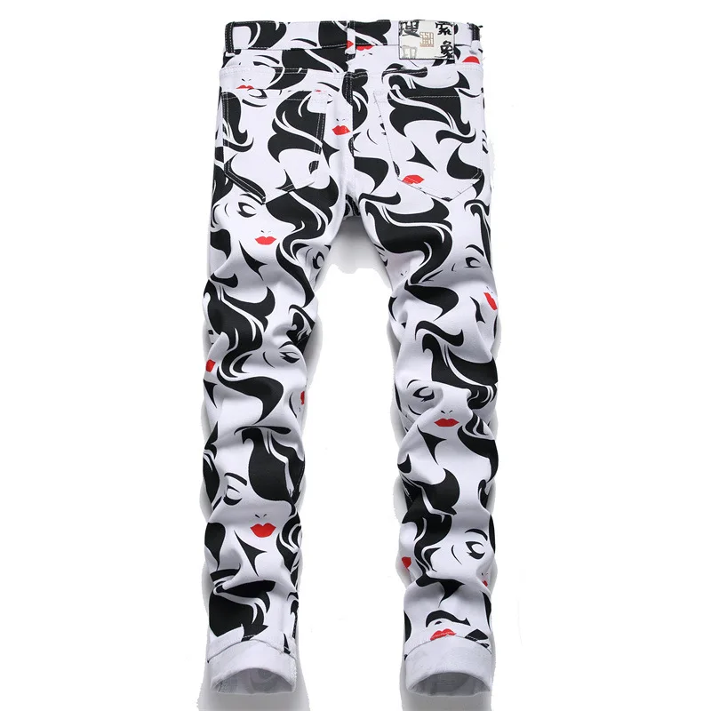 Black and White Printed Fashion Jeans Men2024New Street Trend Party Handsome Menswear Casual Slim Fit Tapered Pants