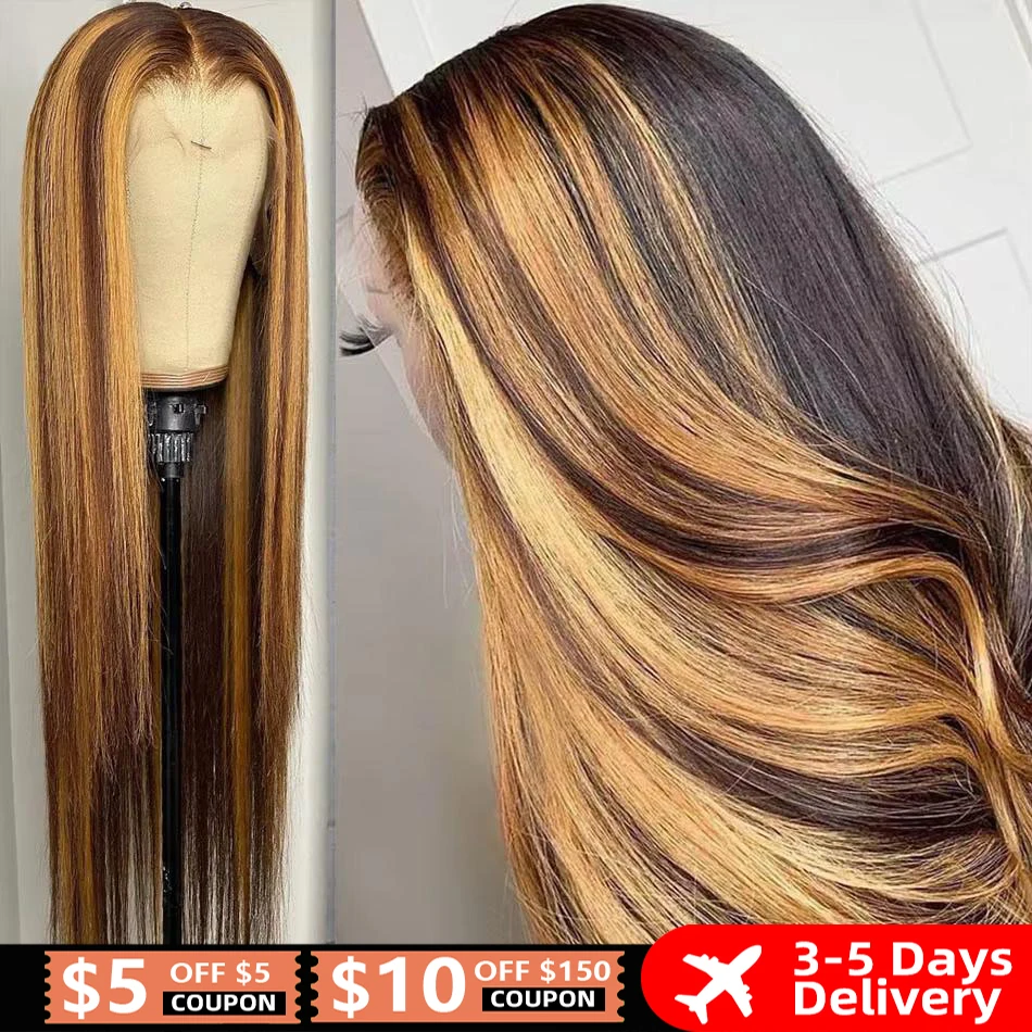 Perruque Lace Frontale 13×4 Blond Miel 4/27 avec Mèches Brunes, Cheveux Humains Raides, Perruques Frontales HD 13×6, Cheveux Remy Vietnamiens