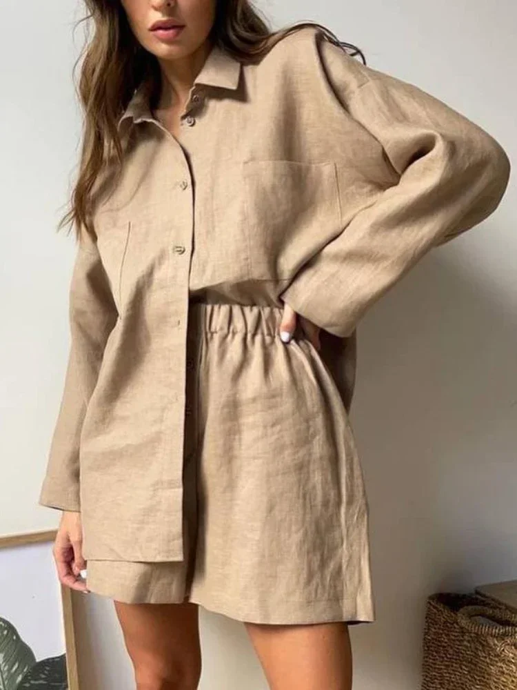 

Two Piece Set for Women White Loose Long Sleeve Shirt Shorts Suit Summer New Matching Sets Elegant Set Woman 2 Pieces Shirts Set