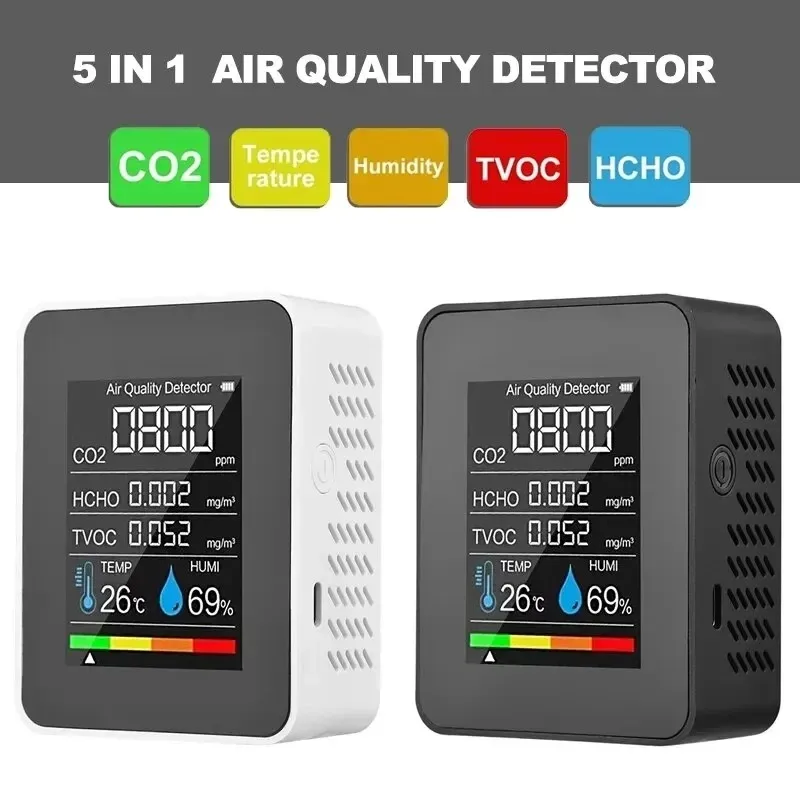 Air Quality Monitor 5in1 CO2 Meter Digital Multifunctional Temperature Humidity Tester Carbon Dioxide TVOC HCHO Detector