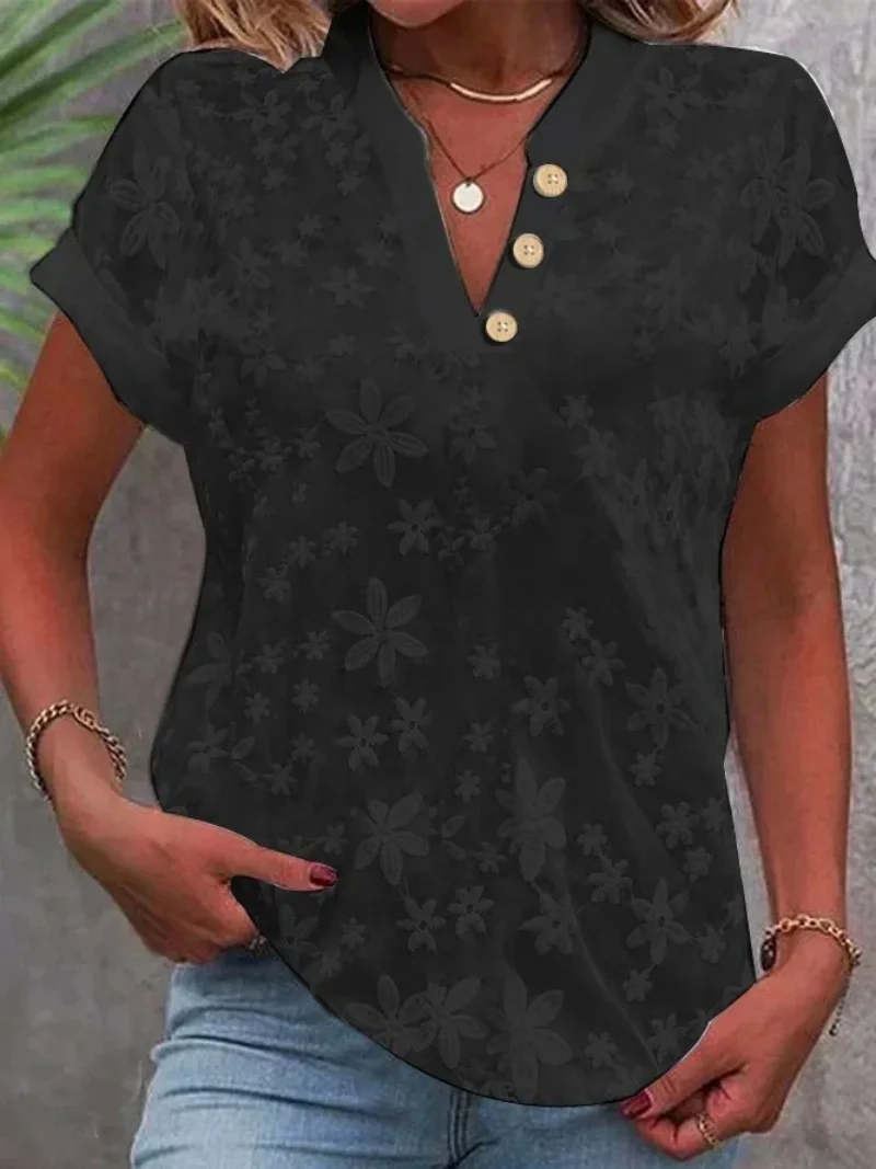 Women’s floral embroidered V-neck short sleeve blouse with button front detail black
