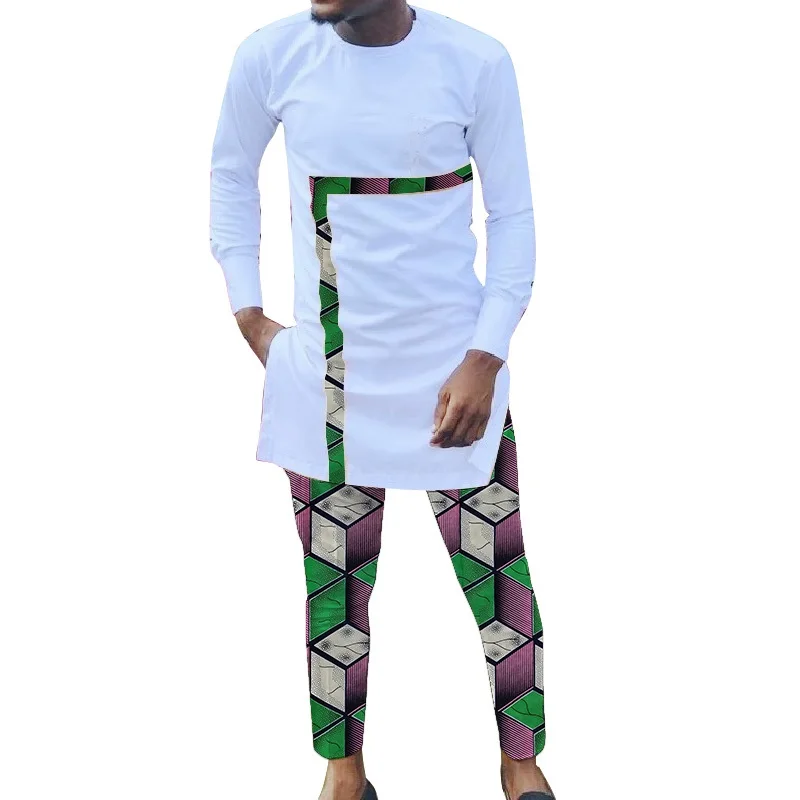 Men's Patchwork Shirt White Long Sleeve Tops+Dashiki Trousers Custom Pant Suits African Print Party Wear