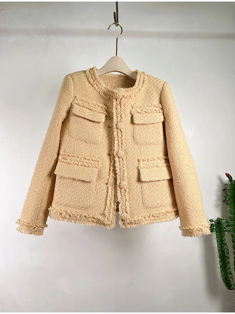 

DALMAZZO French Vintage Tweed Wool Loose Short Jacket Tops New Winter Women Small Fragrance Single Breasted Outerwear Coat