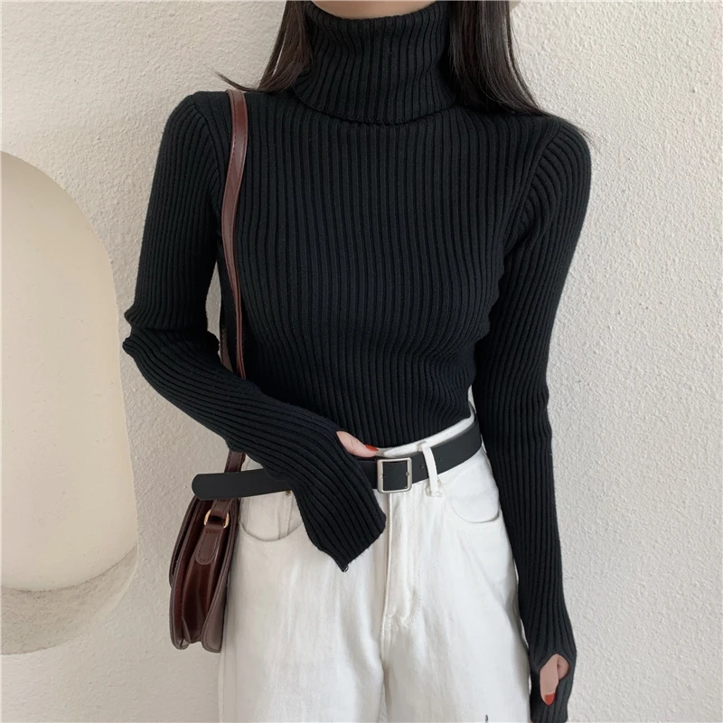 2022 Winter Knitted Turtleneck Sweater Basic Rib Fall Casual Slim Pullover Womens Elasticity Jumper Pull Femme With Thumb Hole brown cardigan Sweaters