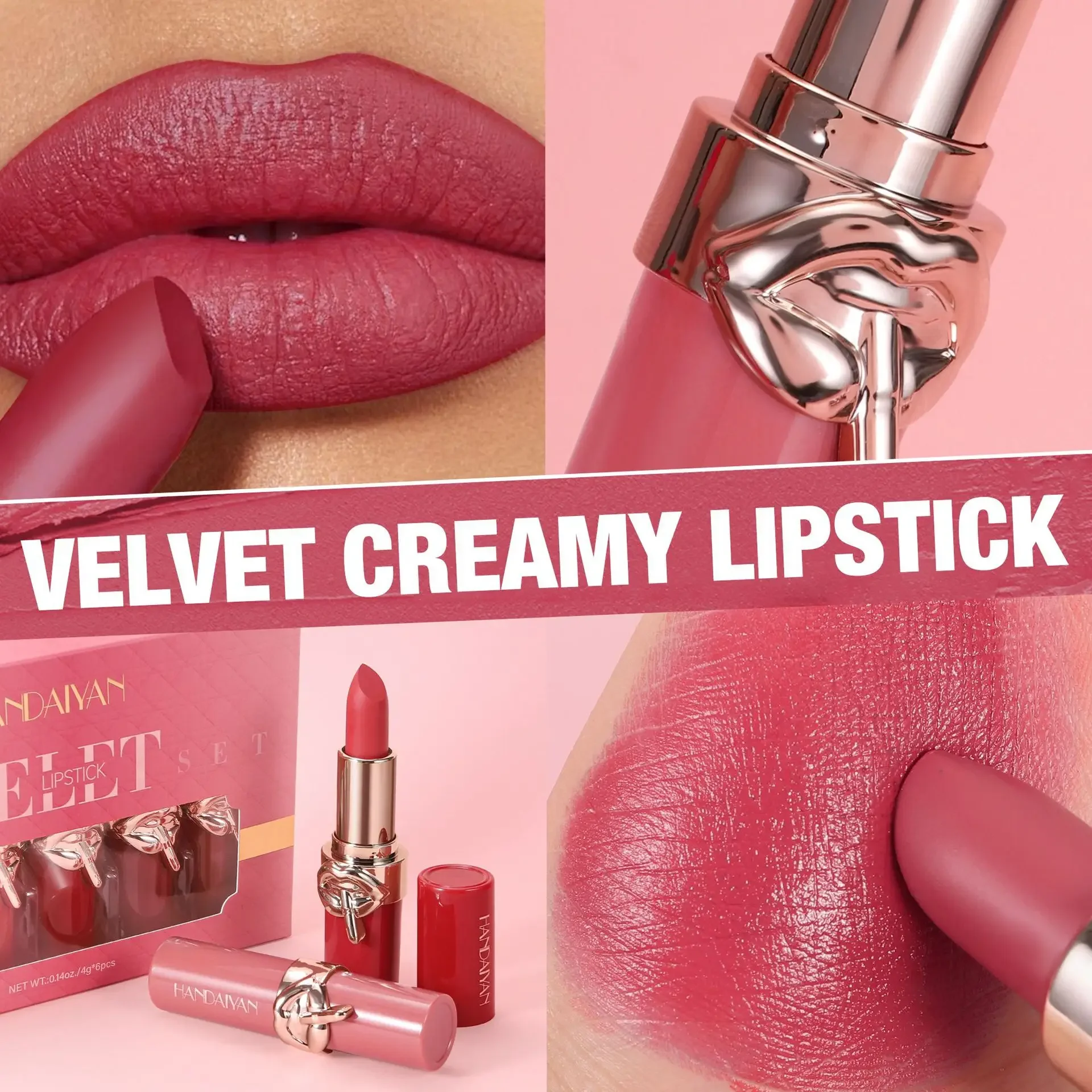 Conjunto de batons Velvet à prova d'água, alta pigmentação, acabamento matte, hidratante, não desbota, longa duração, nude avermelhado, gloss labial, cosmético de beleza sexy._voghion.com