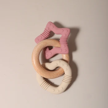 silicone star and heart teether with teething wooden ring baby rattle toy 2