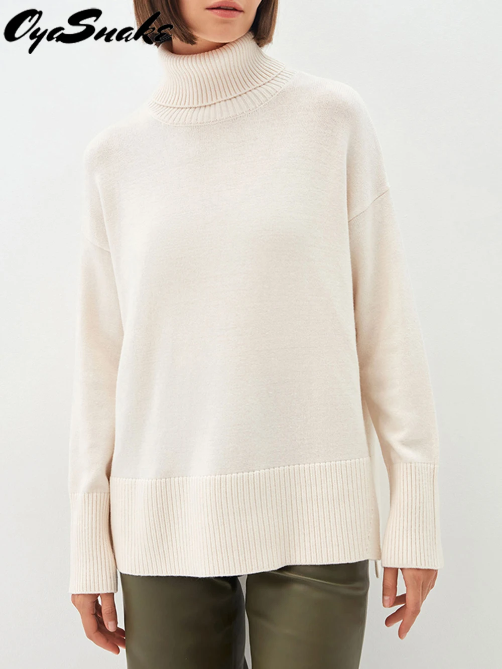 

Oyasnake Women Sweater Soft Autumn Spring Basic High-Collar Pullover Femme Solid Loose Jumper Knitted Clothes New Hot Winter