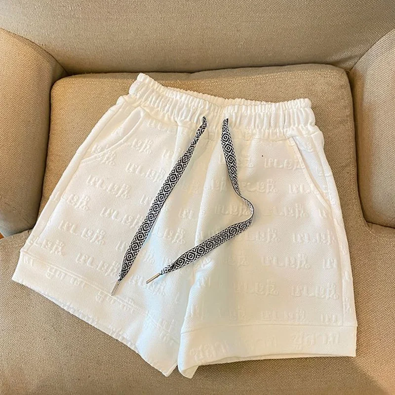 Summer New Lacing Elastic Waist Loose Shorts Solid Color Letter Printing All-match Wide Leg Pants Fashion Casual Women Clothing