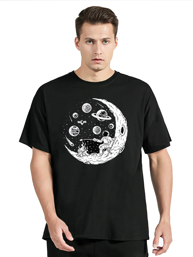 T-shirt High Quality Cotton Funny Astronaut Moon Barbecue Print Casual T shirt Tee Tops Men's Clothing Oversized Tshirt_voghion.com