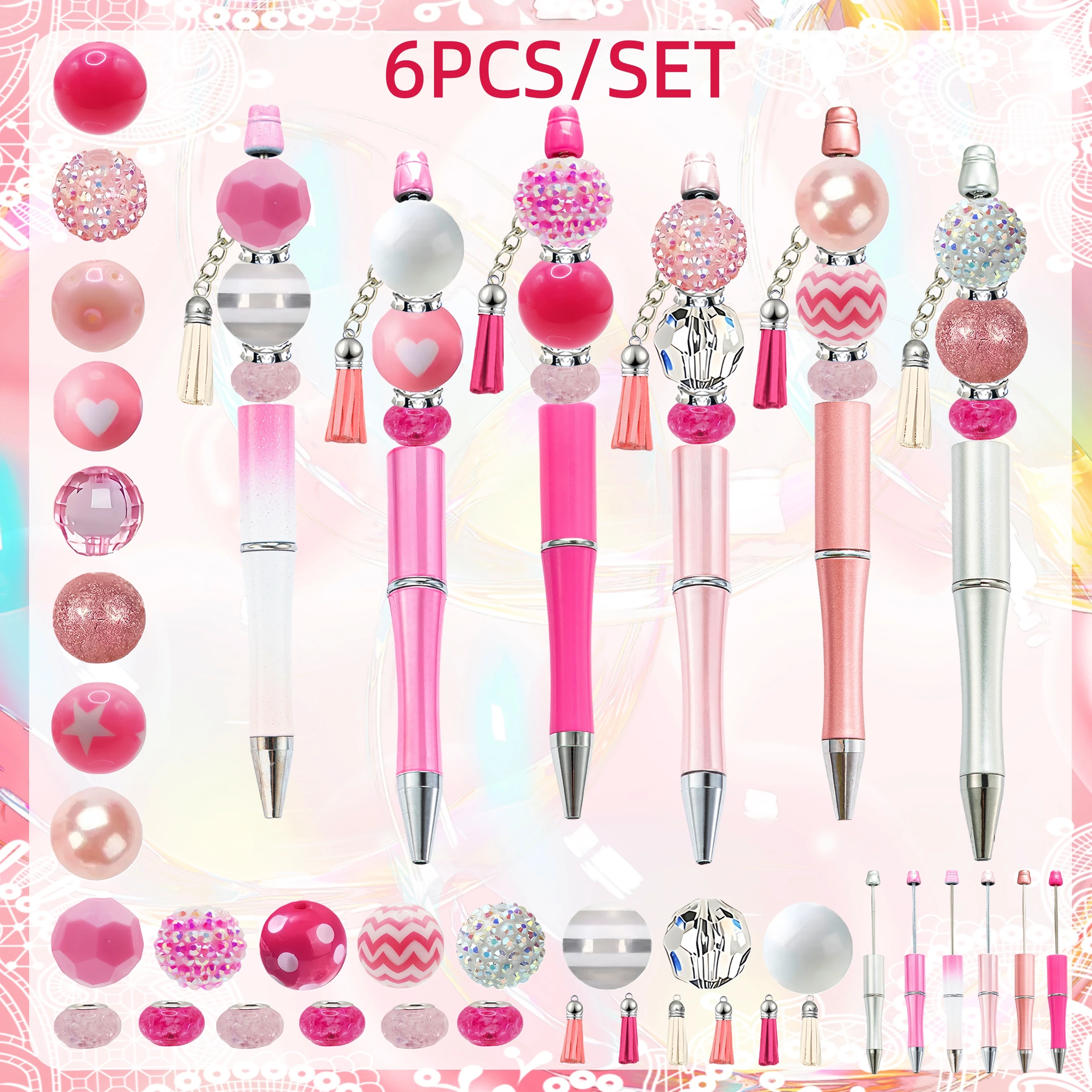 6-teiliges, schlichtes DIY-Perlenstift-Set mit rosa, lila, blauem Farbverlauf, kreativ, geeignet für Valentinstagsfeiern, Büro- und Schulbedarf – Detail 2