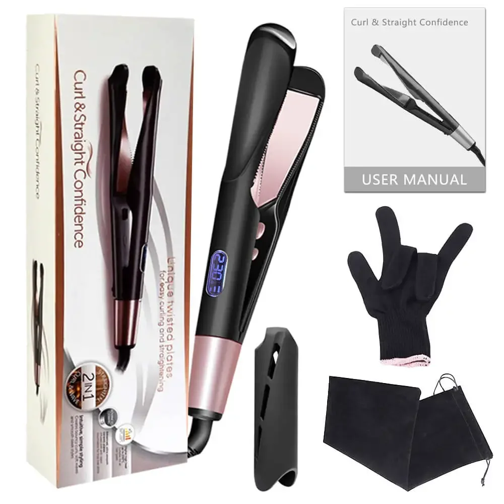 2 in 1 Hair Straightener And Curling Iron 1 Inch Dual Voltage Twist Straightening Curling Iron Fast Heating Wavy