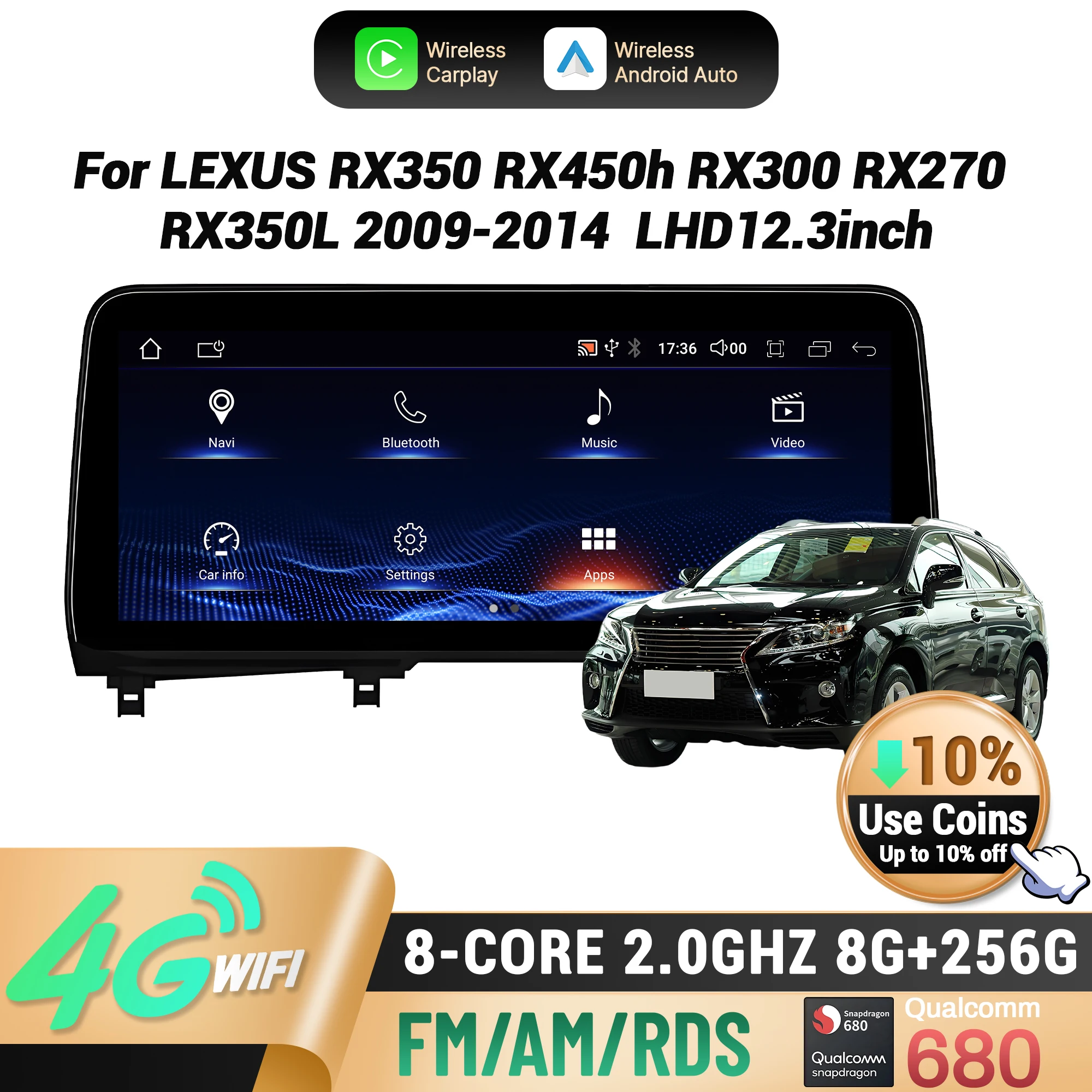 12,3 "LHD para LEXUS RX350 RX450h RX300 RX270 RX350L 2009-2014 Radio de coche inalámbrico CarPlay Multimedia pantalla Snapdragon 680 1
