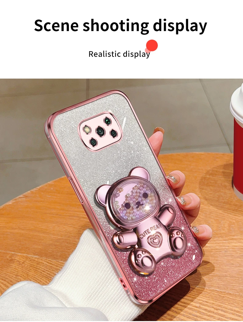 pokox3 x5 Quicksand Bear Glitter Holder Phone Case On For Xiaomi Mi Poco X5 GT NFC X3 M4 M3 M2 Pro Stand Cover F4 F5 F2_voghion.com