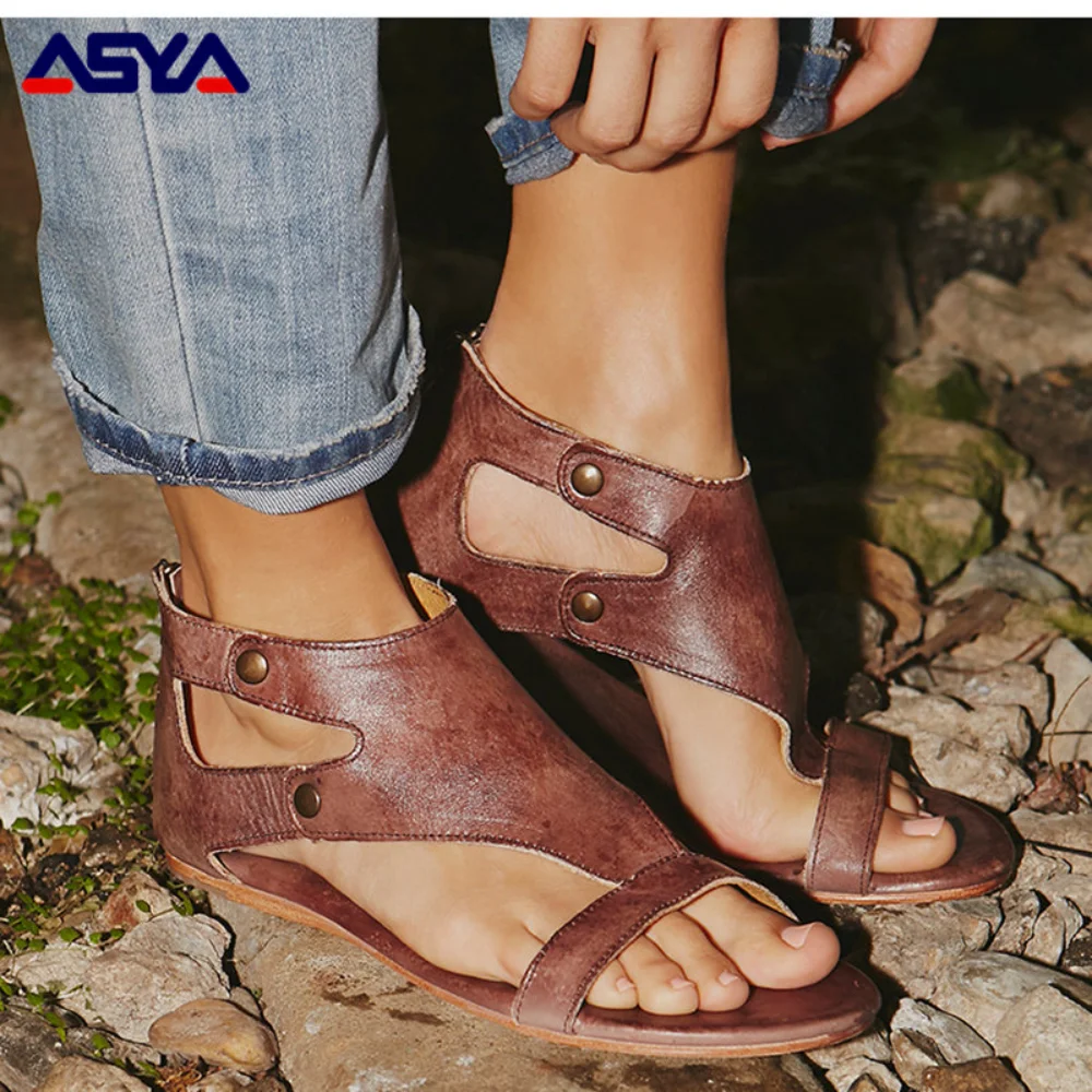 

ASYAPOY Women Sandals Soft Leather Flat Sandals Women Plus Size Peep Toe Summer Sandals Casual Gladiator Beach Sandalias Mujer