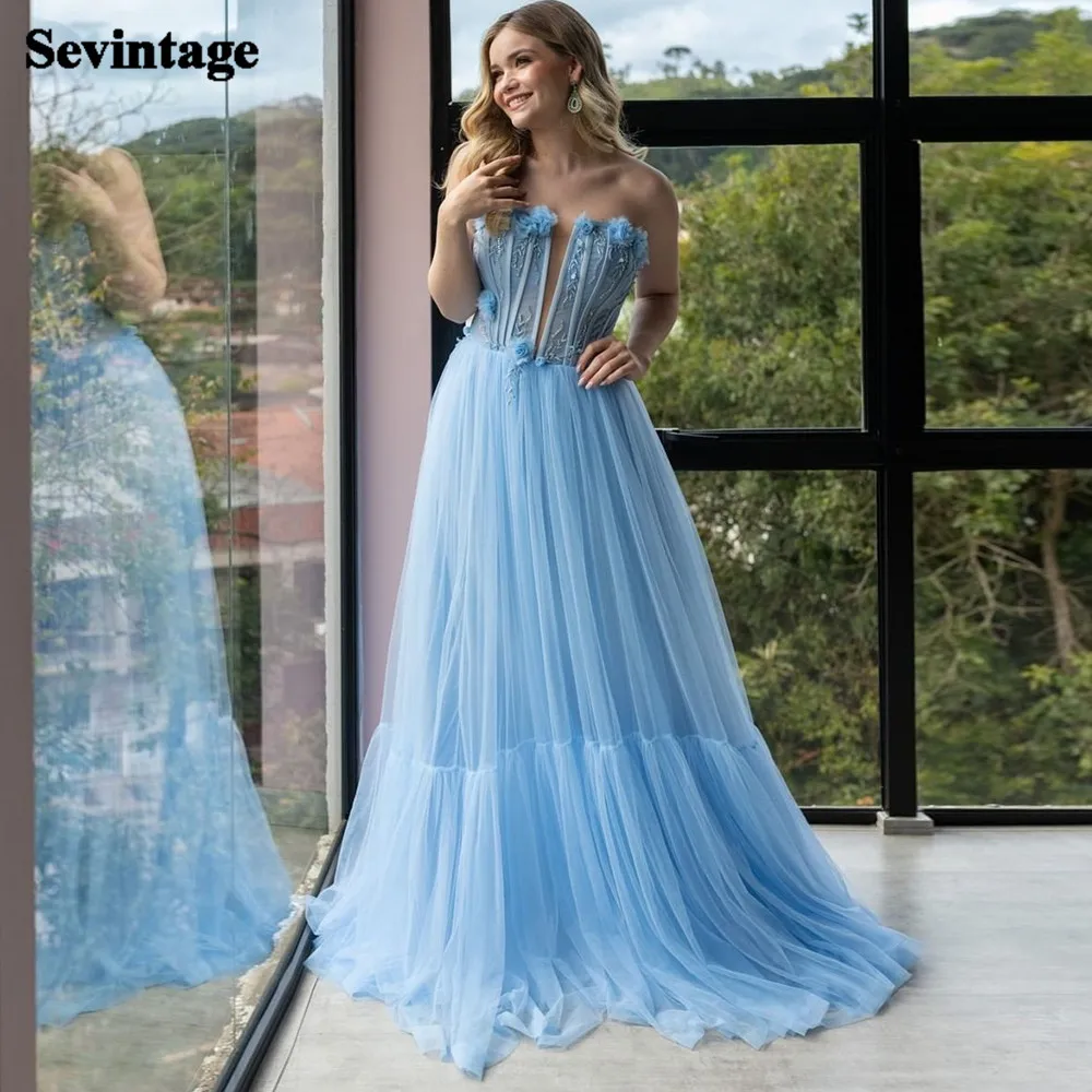 

Sevintage A Line Sky Blue Prom Dresses Women 3D Flowers Applqiues Lace Pleats Formal Evening Party Gowns Bridesmaid Wear 2023