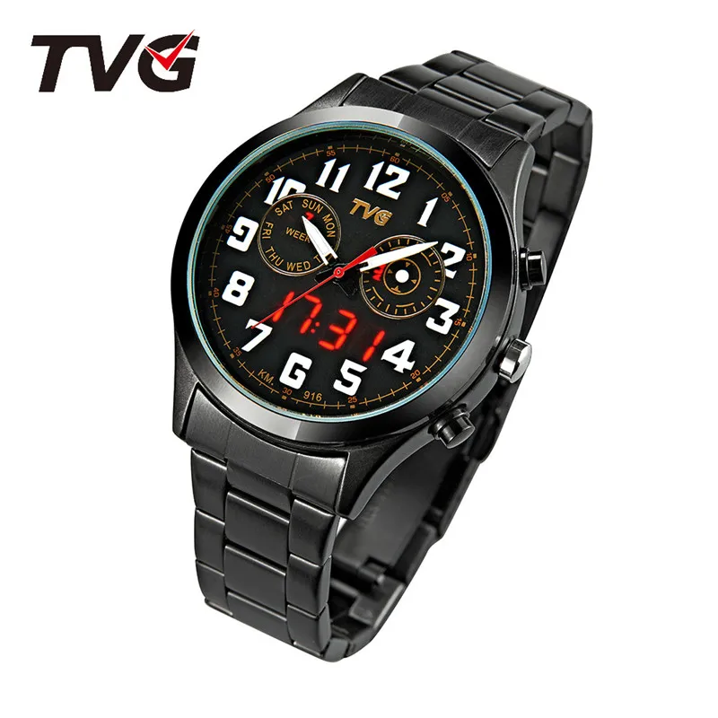 Men Watches Waterproof Quartz Watch Double Display Sport TVG916 Brand Digital LED Military Writewatch Stainless Steel Male Clock images - 6