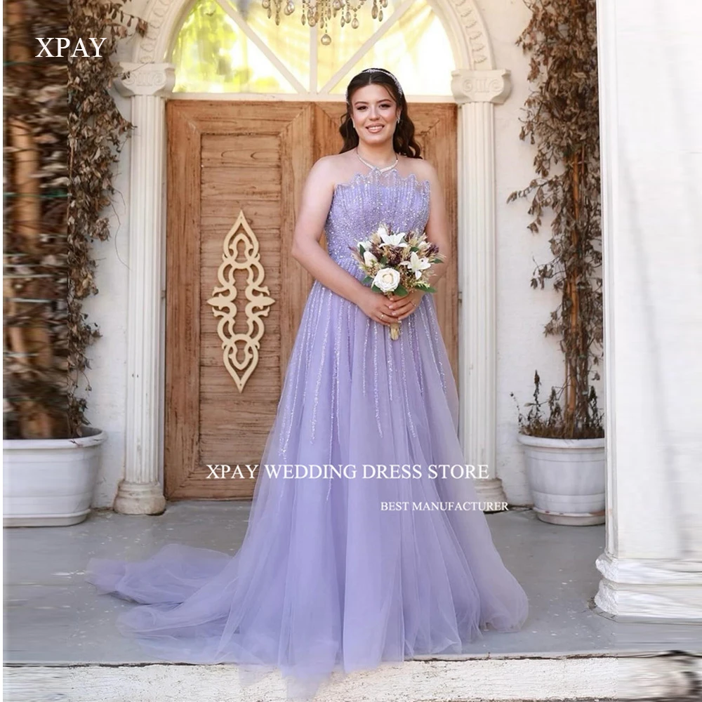 

XPAY Sparkly Lavender Tulle Evening Dresses Dubai Arabic Women Wedding Party Dress Receiption Formal Prom Bride Engagement Dress
