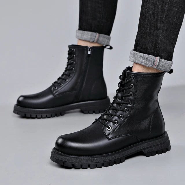 men's fashion party nightclub dress high boots black genuine leather shoes  lace-up cowboy platform boot