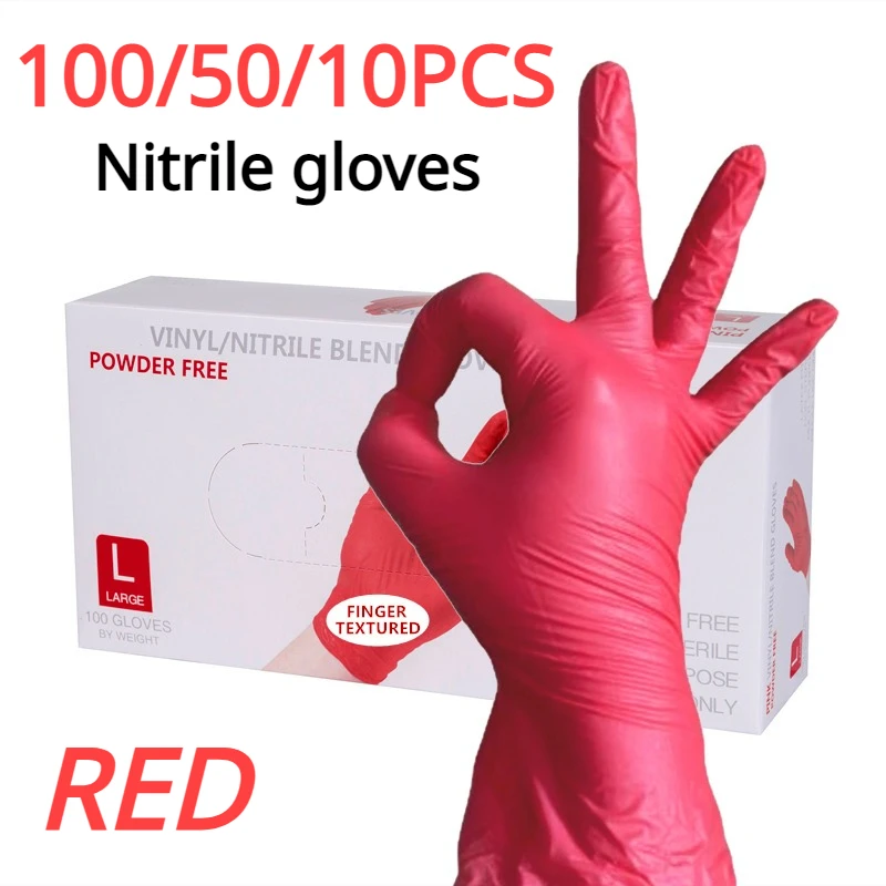 1005010PCSRedNitrileGlovesPowderFreeDisposableHouseholdGloves
