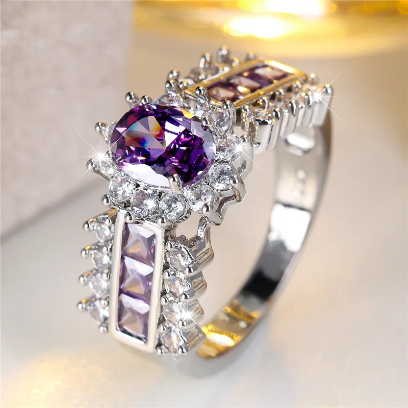 Luxury Female Big Purple Zircon Stone Engagement Ring Trendy Silver Color Bride Wedding Jewelry Gift For Women