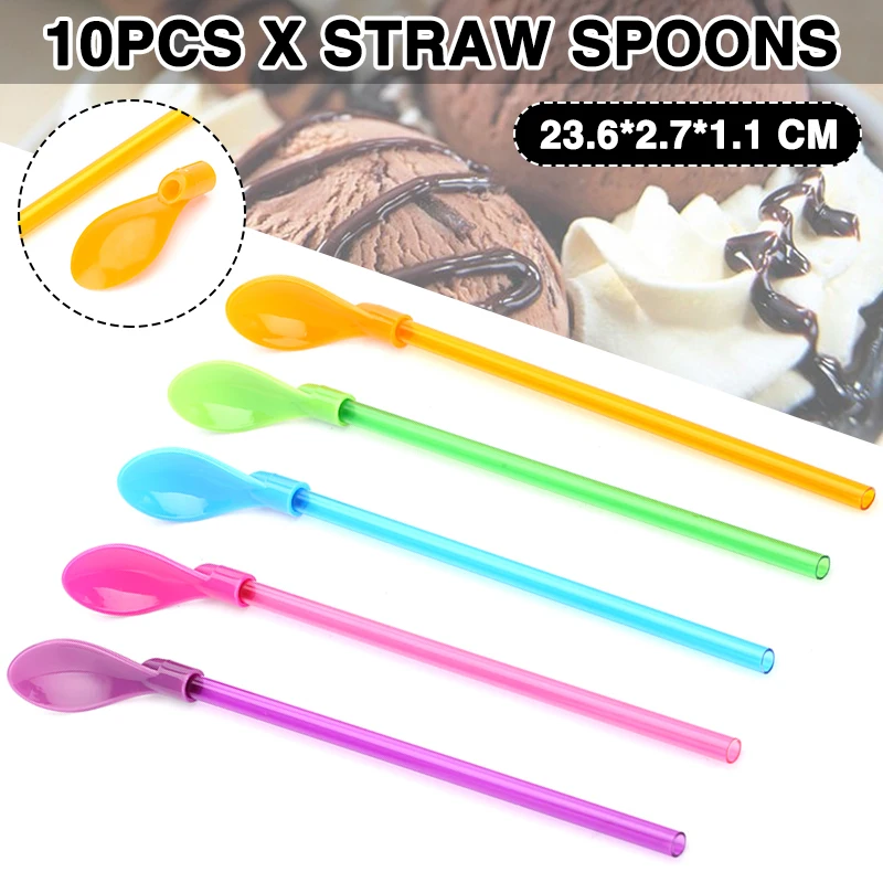 10PCS Plastic Spoon Straws Frozen Drinks Milkshakes Cereal Straw Spoon