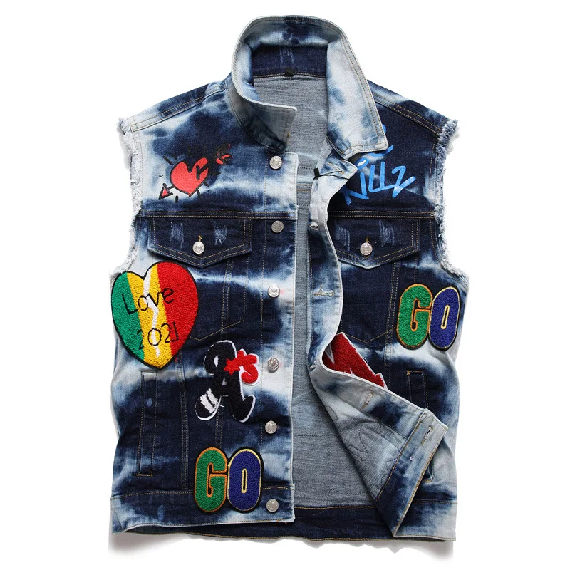 

New arrival designer hip hop Punk blue vest patchwork badge printed graphic mens denim biker jacket oversize streetwear
