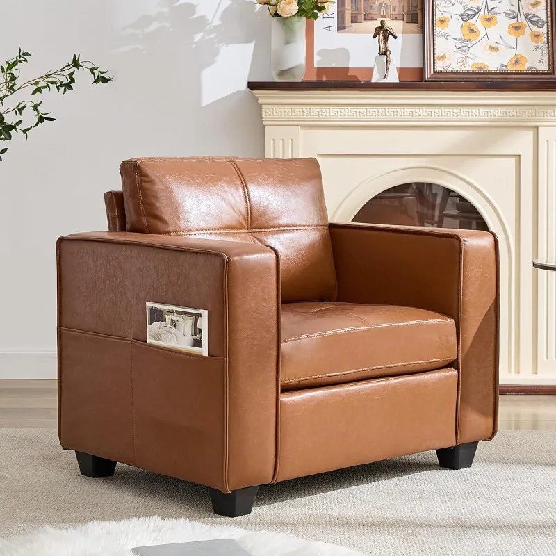 TYBOATLE Brown Faux Leather Accent Chair,Comfy Living Room Chair Reading Oversized Accent Chairs Arm Chair,38.58″ Wide Armchair