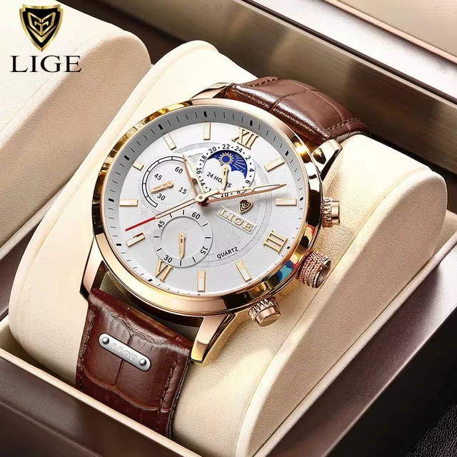 Luxury 2025 Men's Waterproof Leather Quartz Watch - LIGE Collection