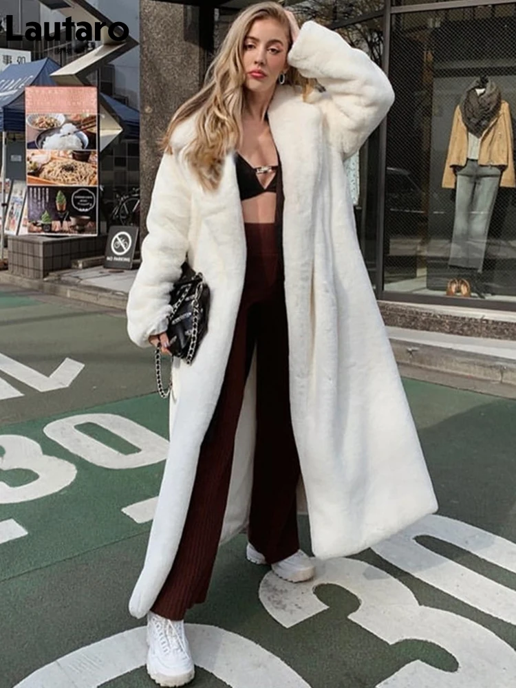 

Winter Long White Fluffy Warm Oversized Faux Fur Coat Women with Hood Lapel Sashes Loose Korean Fashion 2023 Outerwear