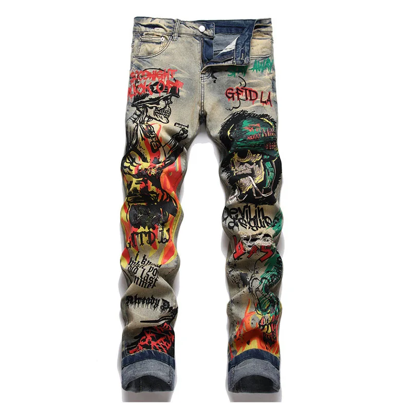 

Vintage Hip Hop Ripped Casual Jeans Pants Printed Harakuju Streetwear Denim Trousers For Male Slim Fit