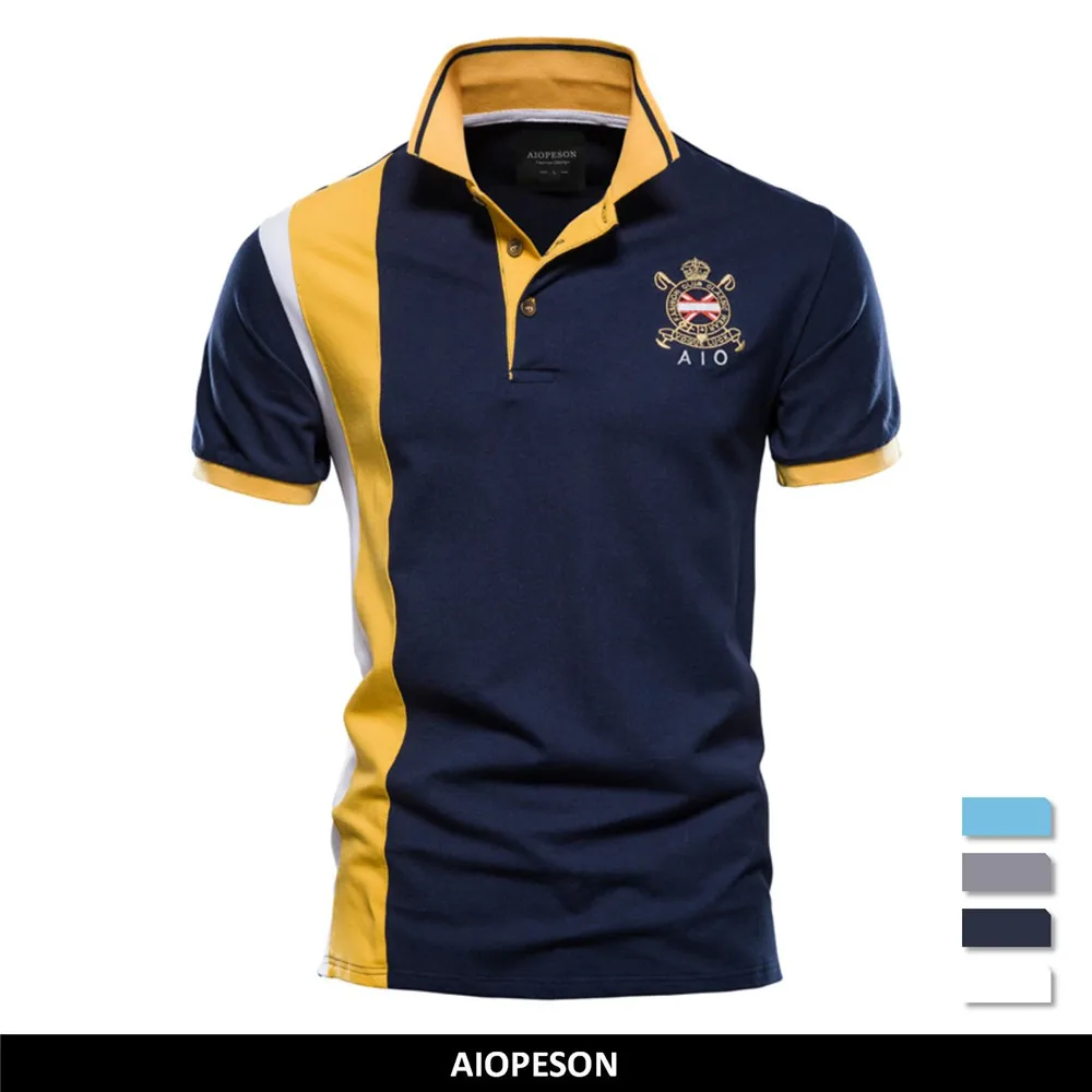 AIOPESON 100% Cotton Badge Embroidery Polo Shirt for Men Short-sleeved Patchwork Men's Polos Quality Summer Brand Men Clothing