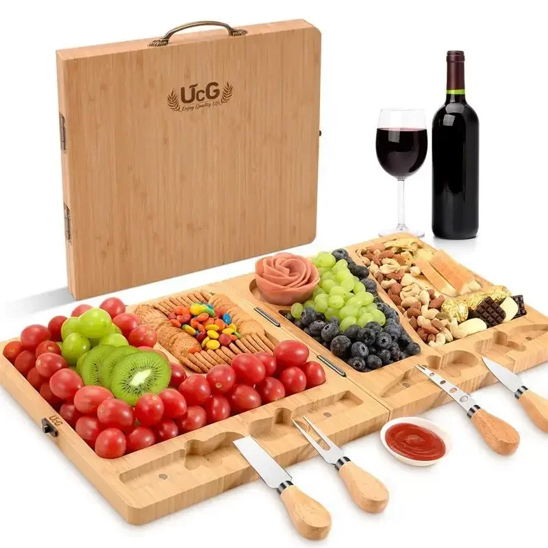 Bamboo and wood foldable cheese board bread fruit complementary food knife and fork four-piece cutting board set cheese board