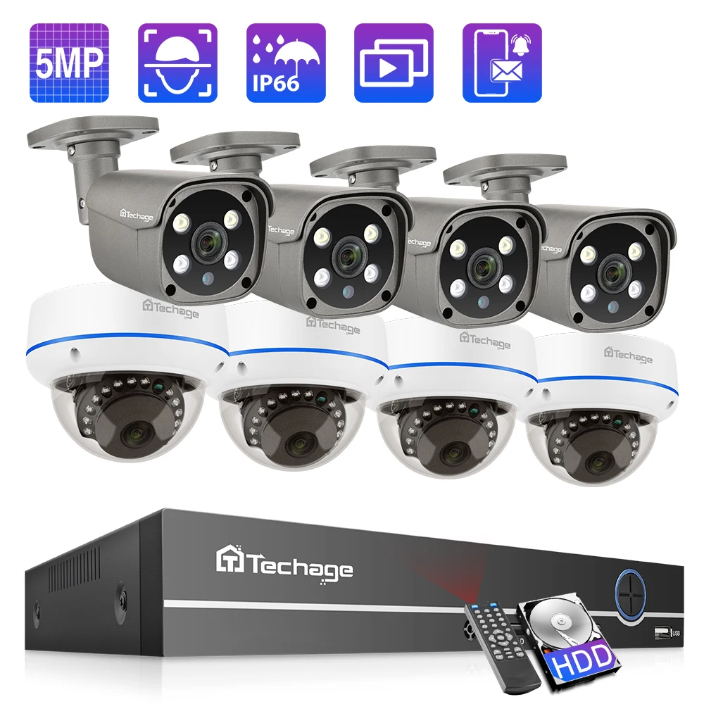 Techage H.265 8CH 5MP POE Camera System Smart AI Face Human Detected CCTV Video Surveillance Kit Home Security Remote Access P2P