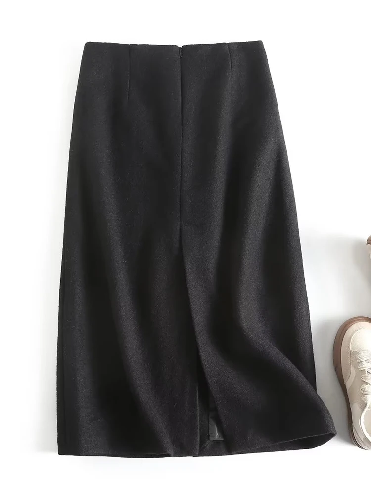 women's High Waist Wool Pencil Skirt Vintage Black Mid-calf For