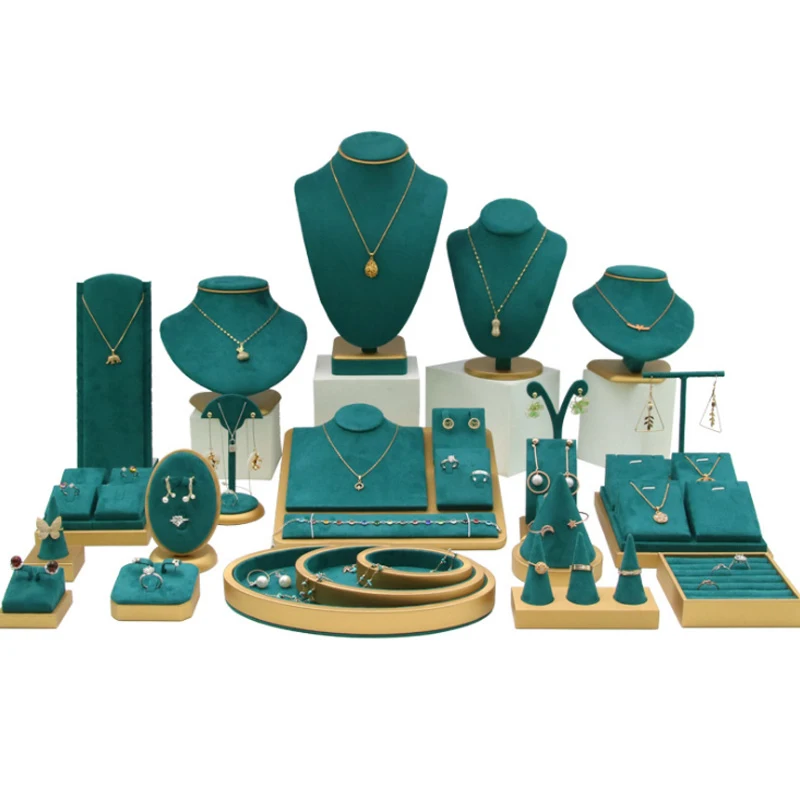 Necklace Bracelet Ring For Counter Gold Green Set Jewelry Display Jewelry Earring Holder Ornament Display Stand Green Microfiber