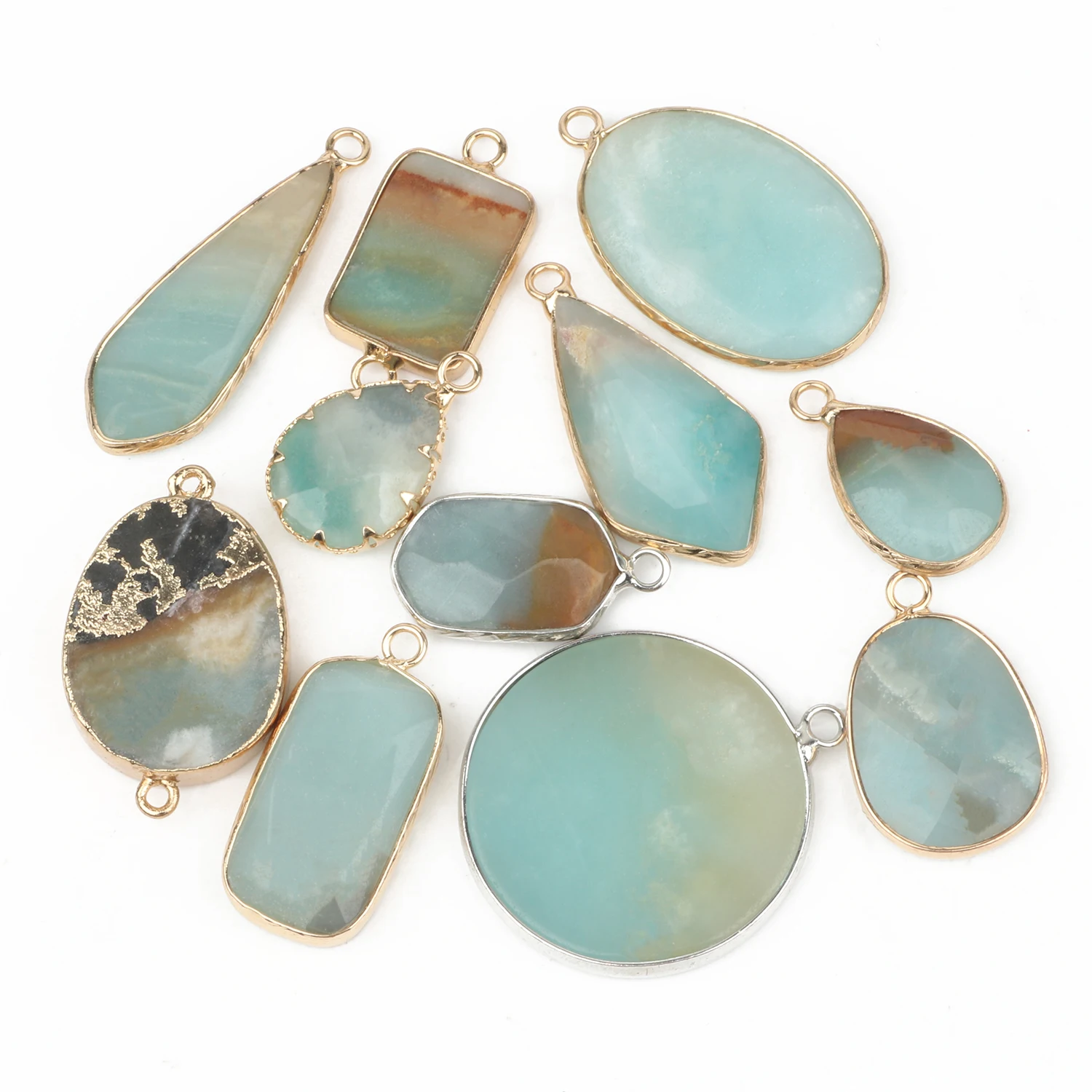 Trendy Natural Amazonite Gold-Plated Edge Charms Pendant Water Drop Oval Round Pendant for Jewelry Making DIY Necklace Bracelets 3