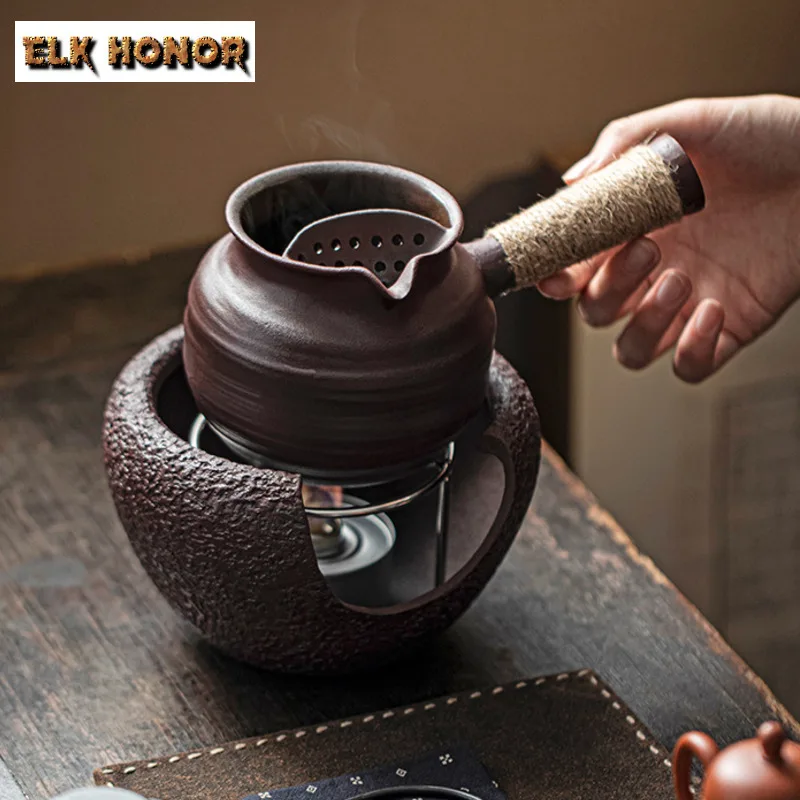 Retro Coarse Pottery Tea Warmer Holder Tea Pot with Candle Warmer Set Stove Household Kettle Stand Carbon Furnace Drinkware