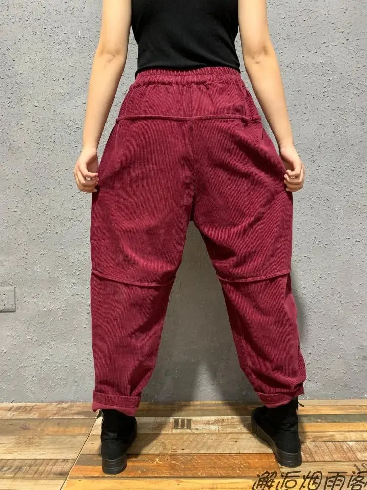 2022 Spring Autumn New Arts Style Women Elastic Waist Loose Trousers Female Double Pocket cotton Corduroy Harem Pants V910 dress pants