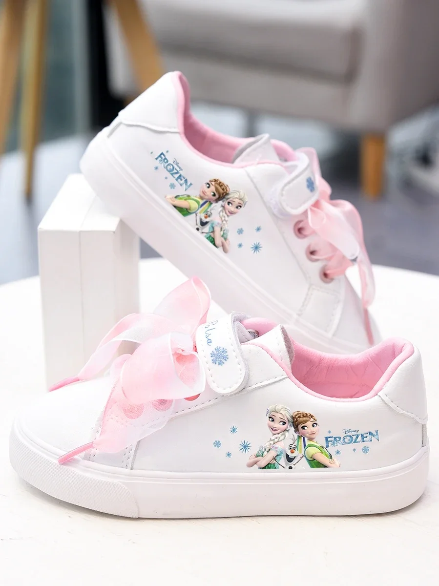 Disney girls frozen princess white Bow pu shoes non-slip soft bottom sports casual shoes for girl gift
