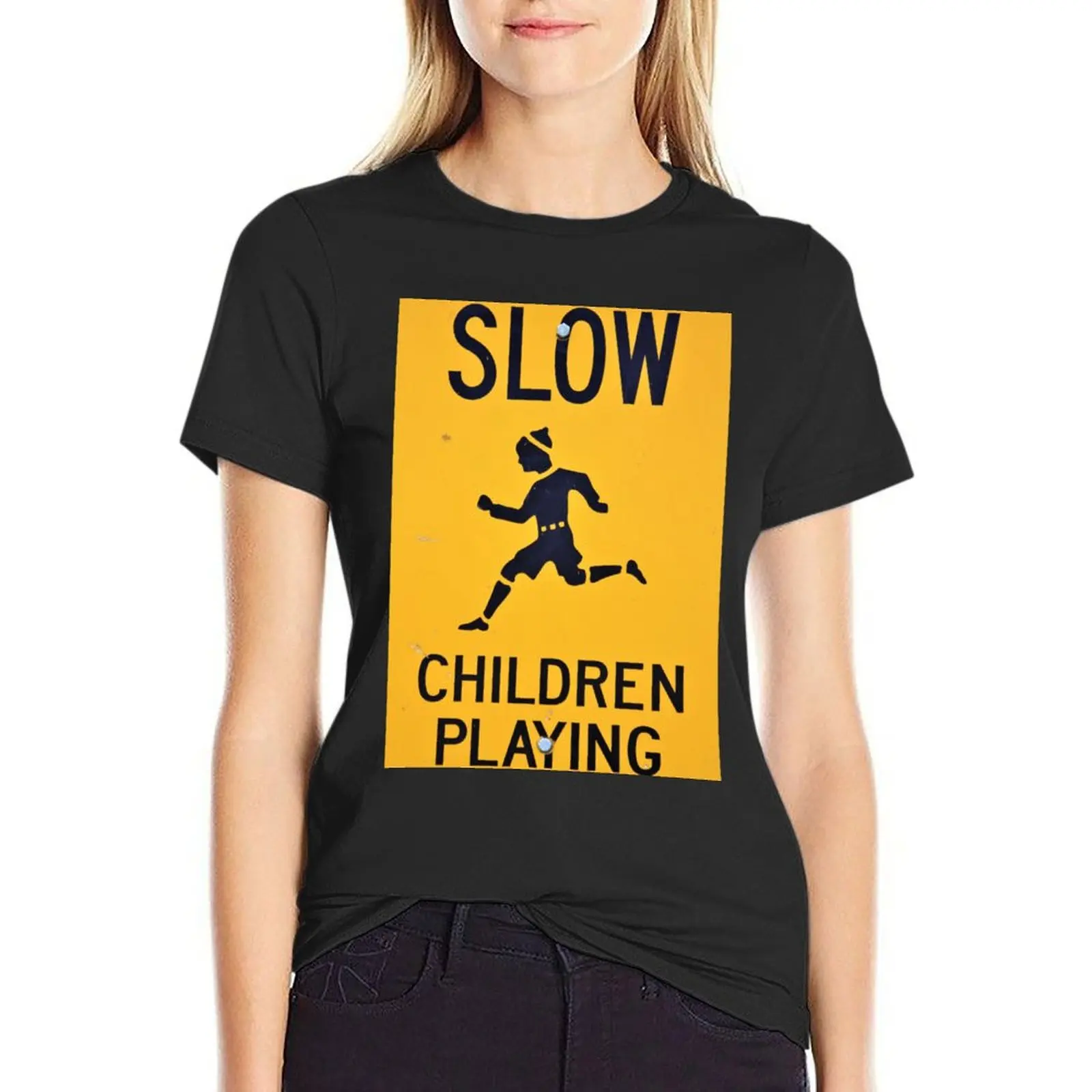 

SLOW Children Playing Road Sign Art T-Shirt cute clothes aesthetic clothes vintage clothes oversized T-shirts for Women