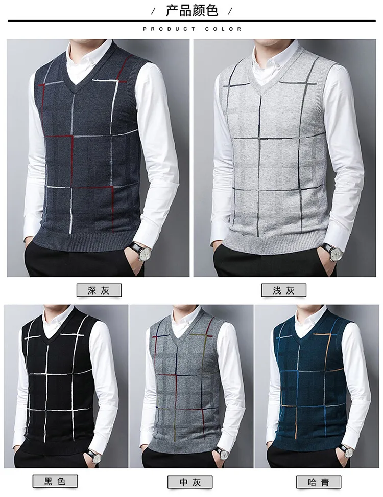 Description Picture 4 of itemMen Wool Vest Waistcoat 2024 Spring Autumn V-Neck Sleevelesss Plaid Man Sweater Vests