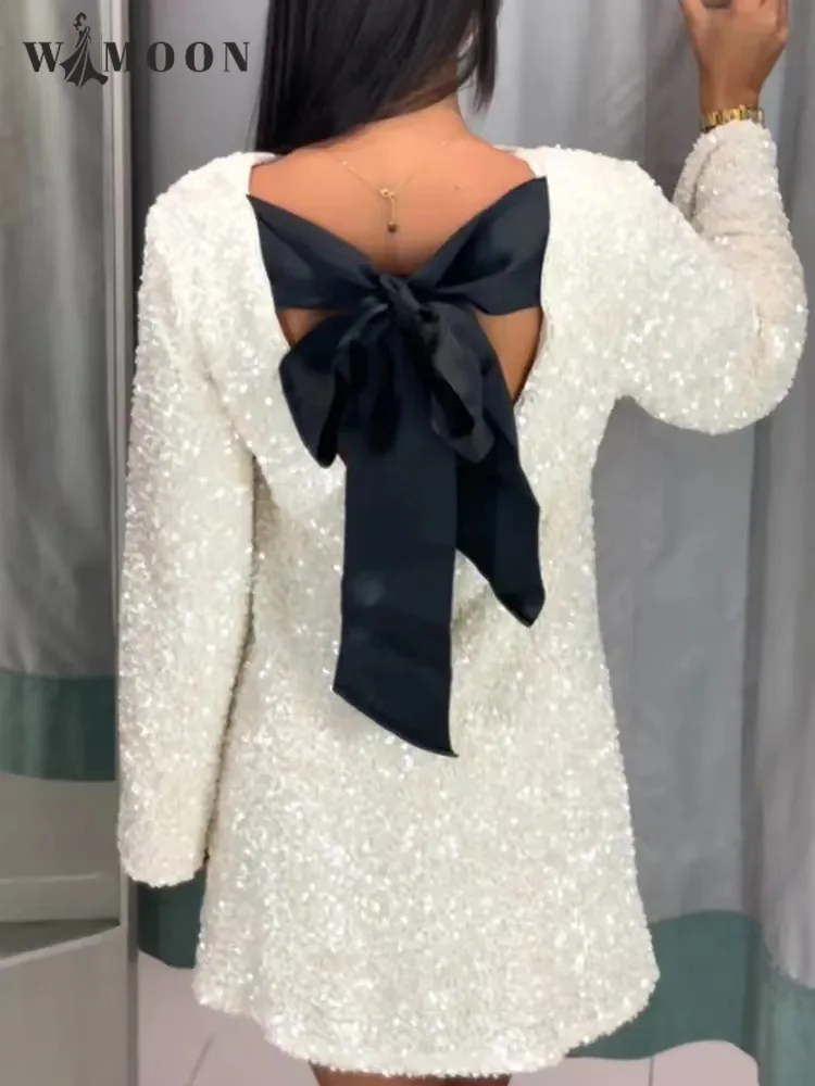

Chic Woman Sparkly Sequin Mini Dress Bow Backless Long Sleeve O Neck Autumn Winter Tie Back Elegant Party Night Streetwear Dress