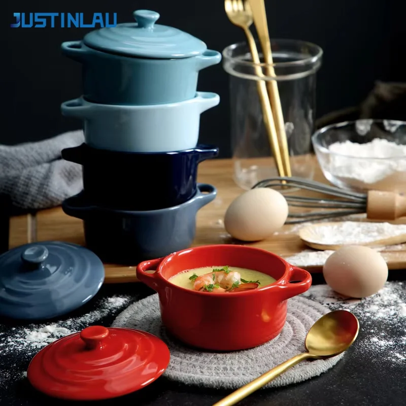 Glazed Ceramic Double Ear Mini Baking Bowl with Lid