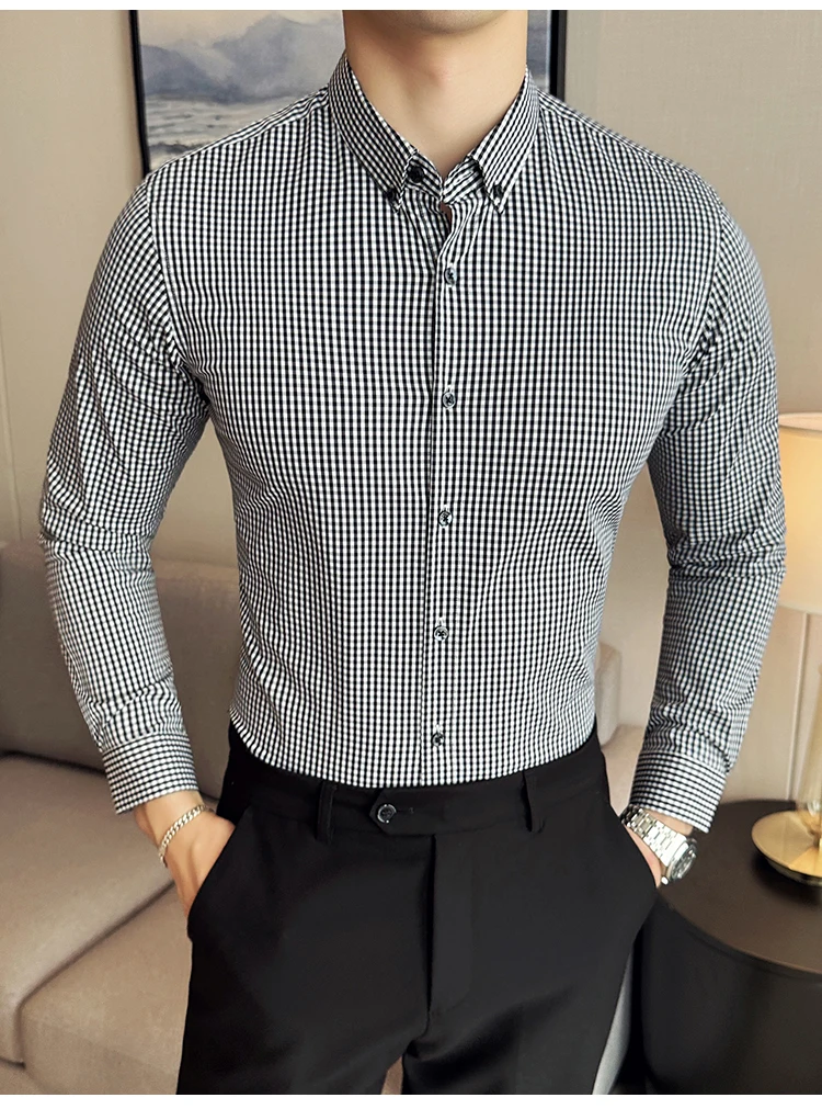 Description Picture 5 of itemStripe Shirt for Men Korean Luxury Clothing Long Sleeve Men's Social Shirt Dress Front Pocket Design Slim Fit Casual Prom Tuxedo