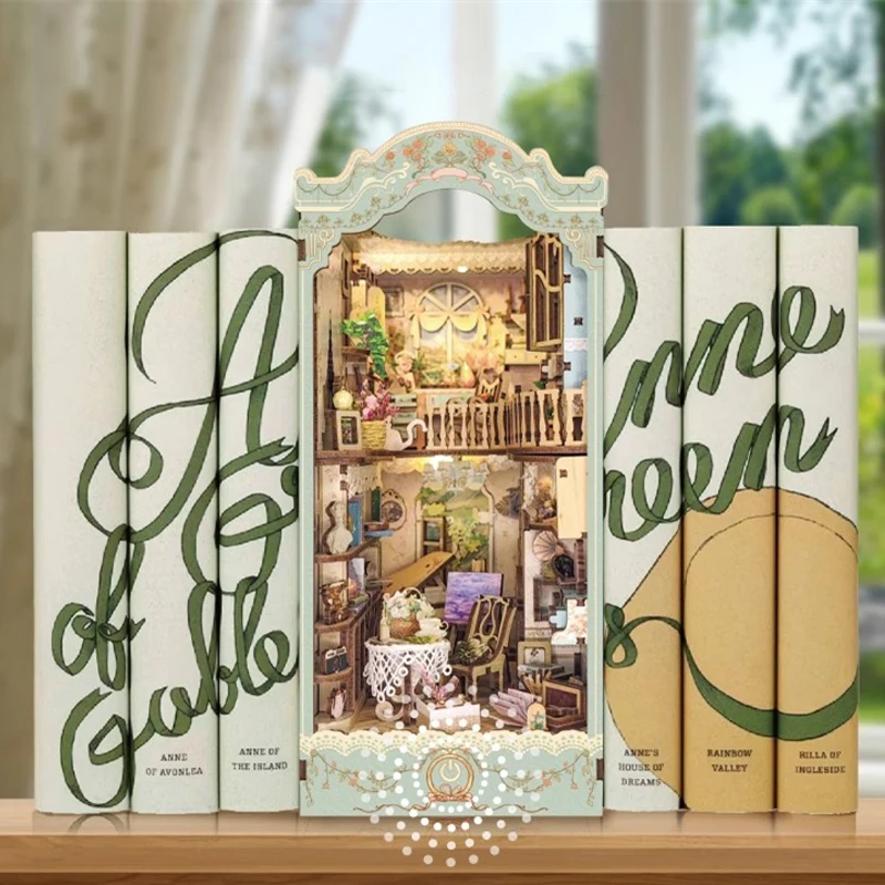

Creative DIY Wooden Book Nook Shelf Insert Miniature Kits Pastoral Diary Bookends Doll House Bookshelf Home Decor Handmade Gifts