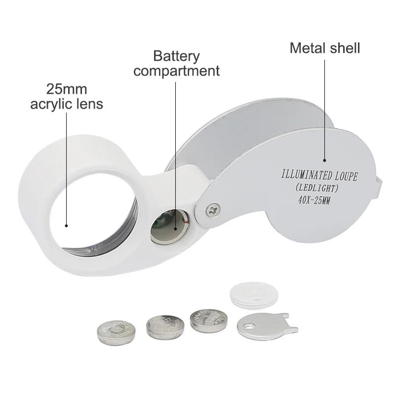 40X MINI Jewelry Magnifying Glass 2 LED Foldable Magnifier Lens Diameter 25mm Pocket Illuminated Loupe for Jade Appreciation magnifying glass
