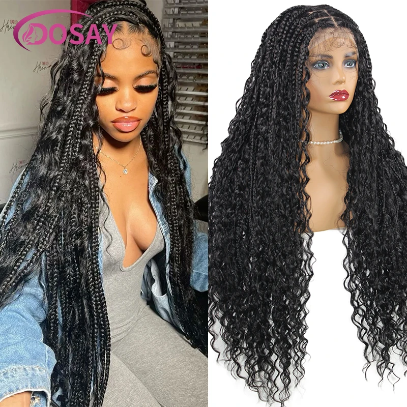 

32" Boho Braided Wig Synthetic Full Lace Front Wigs 613 Blonde Curly Goddess Locs Lace Frontal Wigs Pre Plucked Box Braids Wig